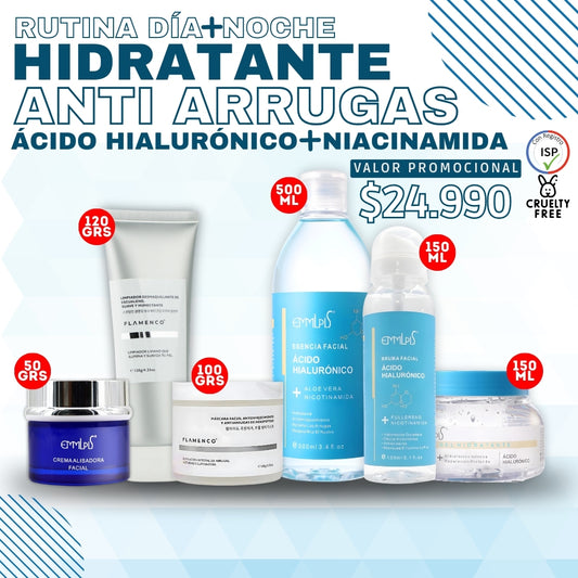 Pack H1 Hidratante Anti Arrugas Ácido Hialurónico + Niacinamida | Crema + gel hidratante + esencia rejuvenecedora + tónico anti edad + máscara facial + limpiador
